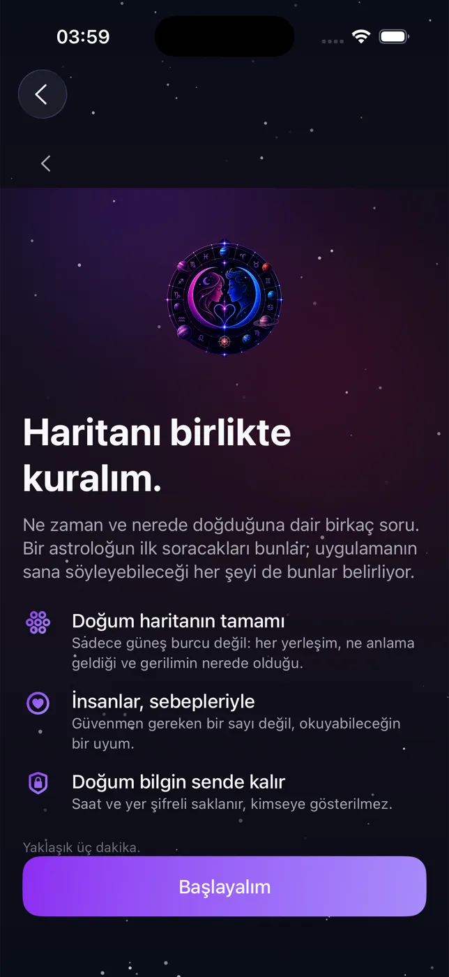 AstroHi karşılama ekranı: doğum haritanın tamamı, insanlar sebepleriyle, doğum bilgin sende kalır